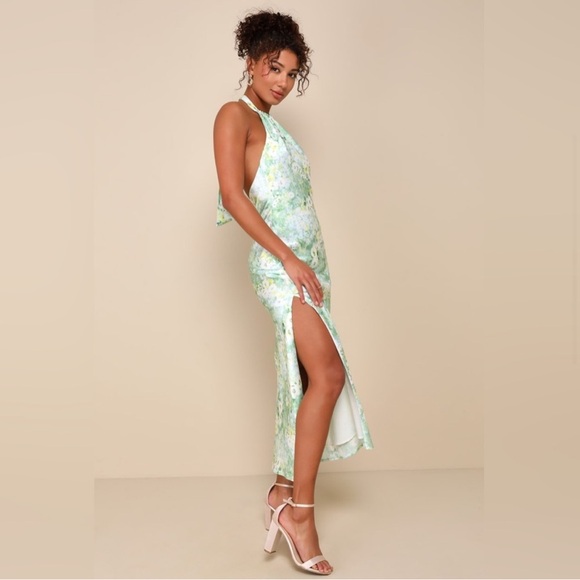 NWT Lulus Glowing Presence Light Green Floral Satin Halter Maxi Dress medium - Picture 3 of 8